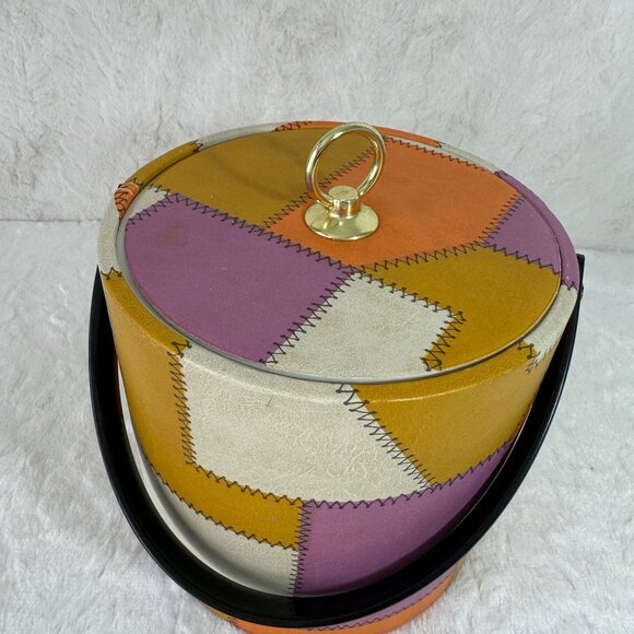 Vintage Retro Patchwork Ice Bucket With Lid & Handle 1960s 70s Hipster - Picture 2 of 7
